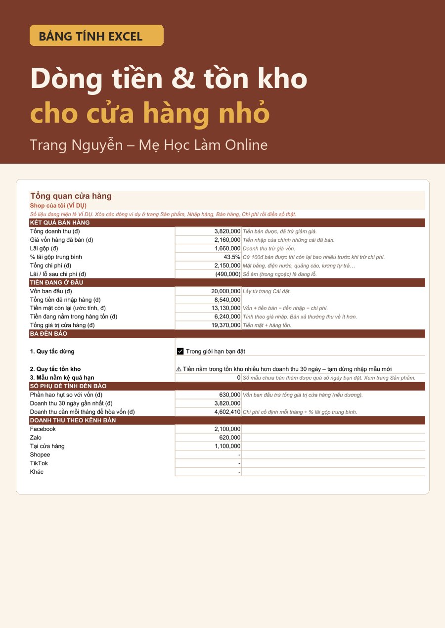 Bìa Bảng tính “Dòng tiền & tồn kho cho cửa hàng nhỏ”